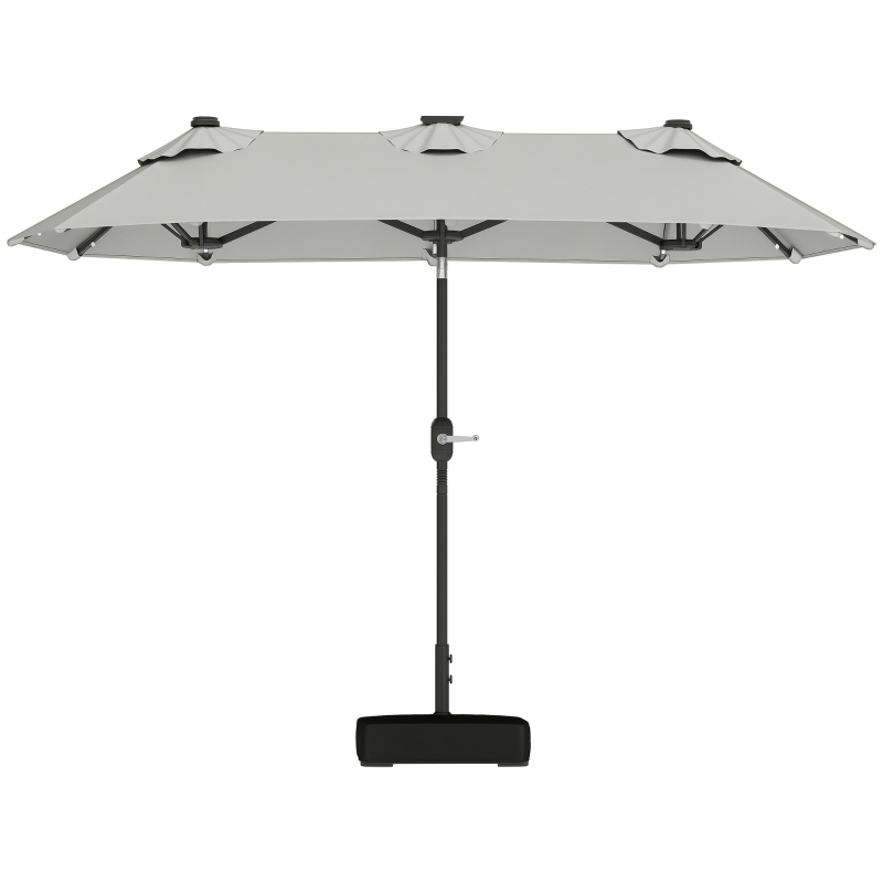 Outsunny Double-sided Outdoor Patio Umbrella with Solar Lights and Base, Dining Table Umbrella Push Button Tilt, Gray