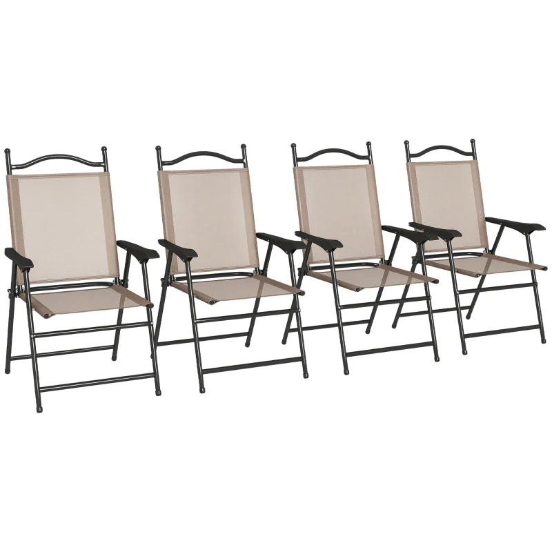 Outsunny 4 Piece Folding Patio Camping Chair Set, Sports Chairs for Adults with Armrests, Mesh Fabric Seat for Lawn, Brown