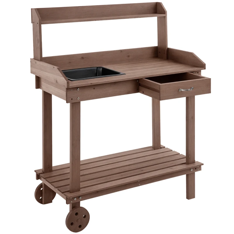 Outsunny 36" Wooden Potting Bench Work Table with 2 Removable Wheels, Garden Workstation with Removable Sink, Drawer & Large Storage Spaces, Brown