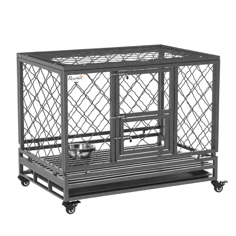PawHut Heavy Duty Dog Crate w/ Wheels, Openable Top, Removable Tray, Bowl, for Large Dogs-Sized Dogs, 36.4" x 24.4" x 31.1"