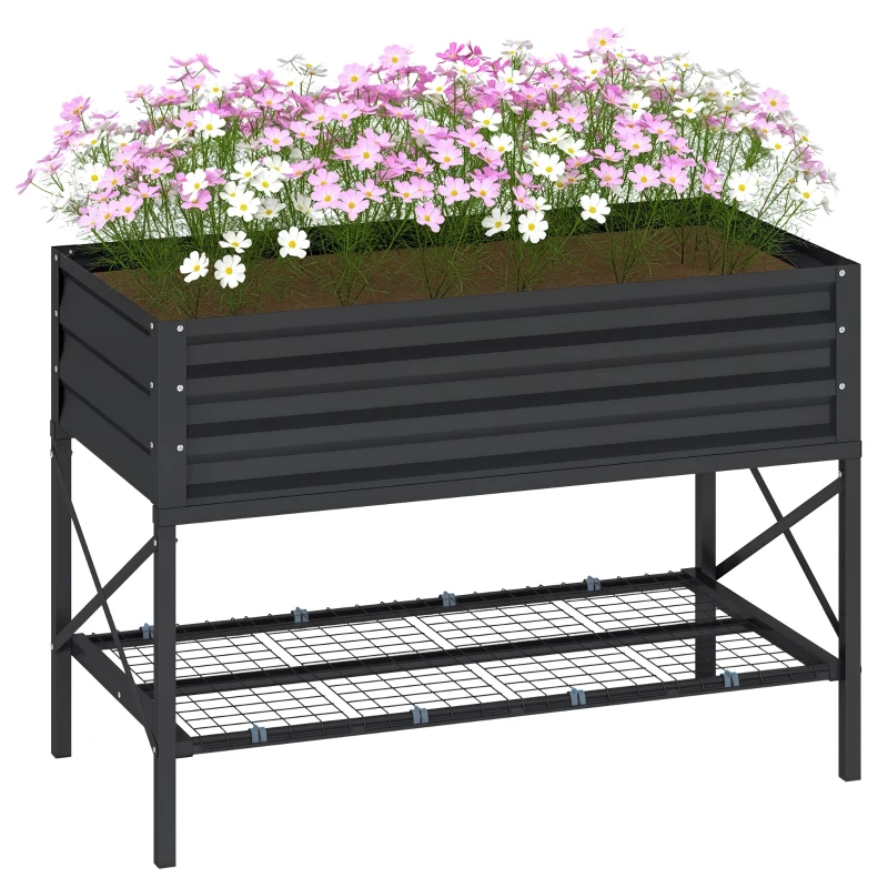 Outsunny Galvanized Raised Garden Bed, Metal Planter Box with Legs, Storage Shelf and Bed Liner, Dark Gray