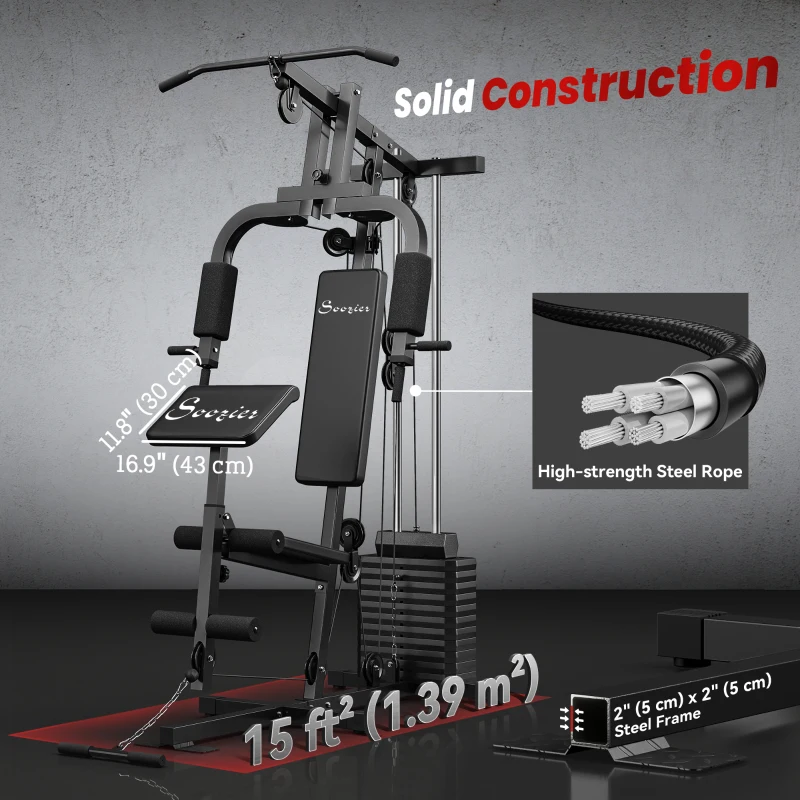 Soozier Home Gym Equipment Weight Training Machine, Multifunction Workout Machine with 143lbs Weight Stack for Full Body Workout and Strength Training, Black