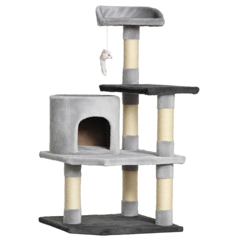 PawHut 39" Cat Scratching Tree, Kitten Condo Playhouse, Kitty Activity Center, Rest Post Top Perch with Hanging Toy - Grey