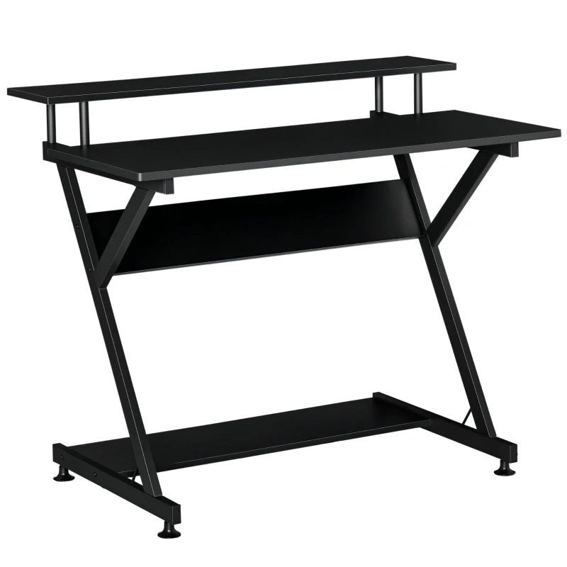 HOMCOM 39" Compact Computer Desk, Industrial Z-Shaped Writing Desk with Monitor Shelf and Storage, Workstation for Home Office, Black