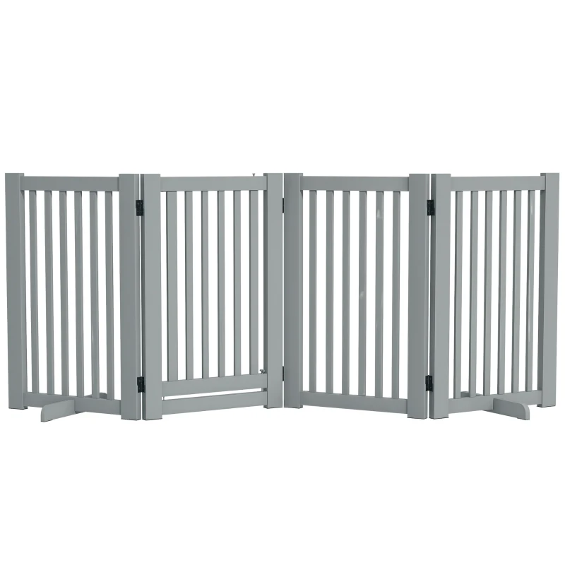 PawHut 4 Panel Free Standing Wooden Pet Gate with Open Door Light Grey
