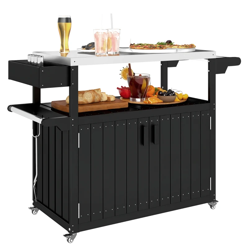 Outsunny Outdoor Bar Cart with Storage, Stainless Steel Outdoor Bar Table Top, Wheeled HDPE Kitchen Island for Food Prep, Black