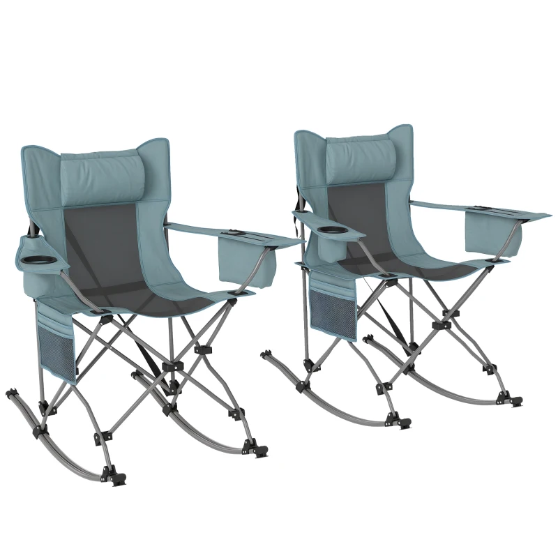 Outsunny Folding Rocking Camping Chairs, Portable Chairs with Headrest, Cooler Bag, Cup Holder, Carry Bag, 2 Pack, Gray