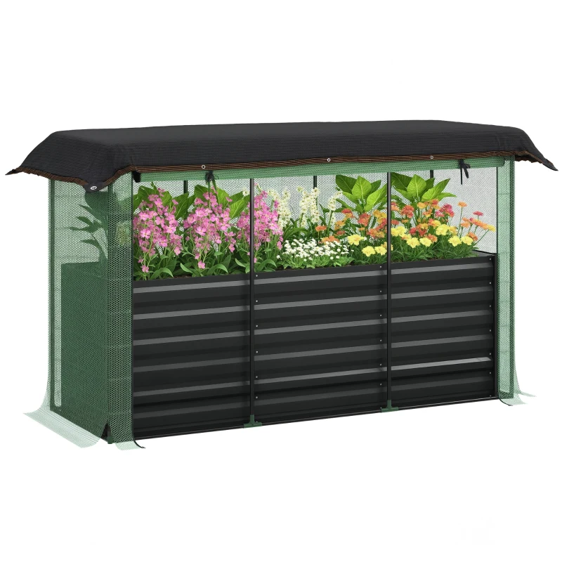 Outsunny Galvanized Steel Planter Box with Crop Cage and Shade Cloth, Raised Garden Bed for Flowers, Veggies and Herbs, Dark Gray