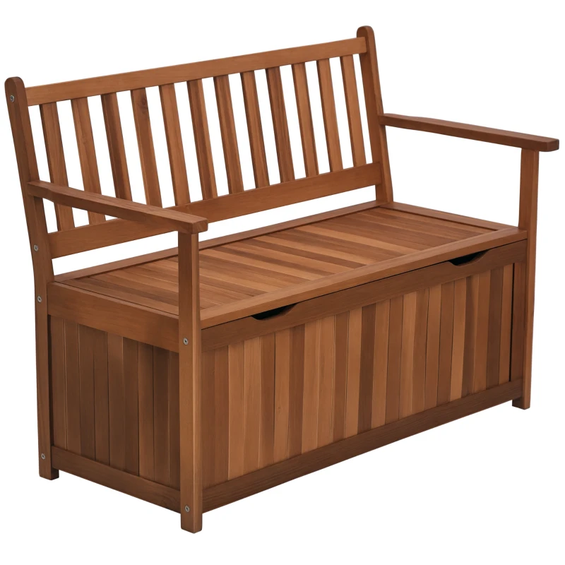 Outsunny 47" x 24" Double Seat Wooden Storage Bench Outdoor Acacia Wood Multifunction Courtyard Armchair Garden Chair Patio Armrest Bench Large Capacity Storage Box for Outdoor