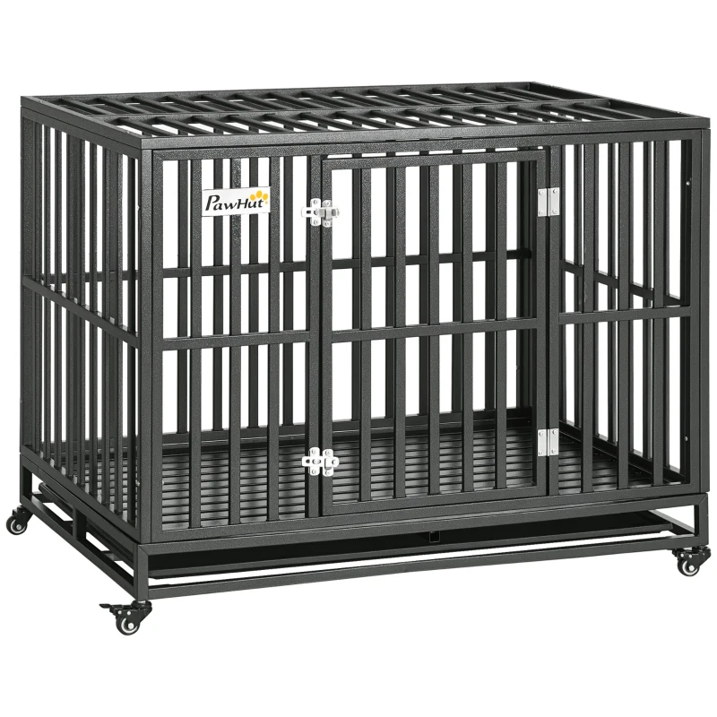 PawHut 44" Heavy Duty Steel Dog Crate Kennel Pet Cage with Wheels for Convenient Access Anti-Pinching Floor, Black