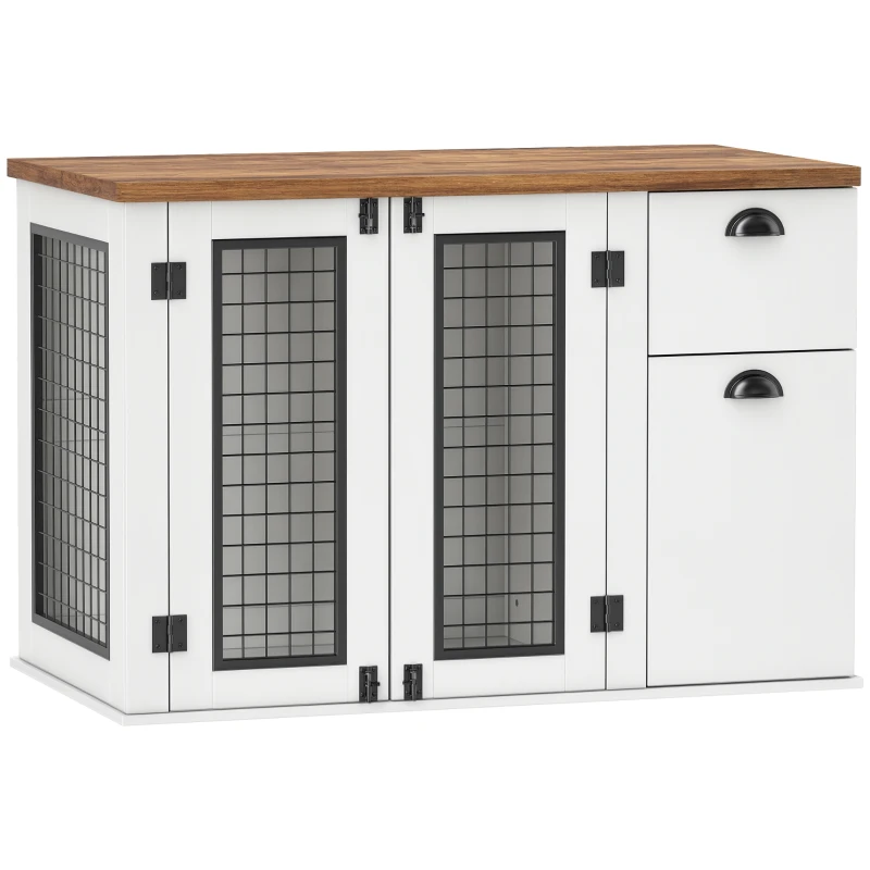 PawHut 44" Dog Crate Furniture with Double Doors, Storage Drawer, for Medium Dogs, White