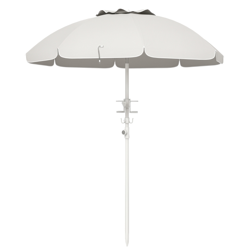 Outsunny 5.7' Beach Umbrella for Travel with Tilt, Adjustable Height, 2 Cup Holders, Hooks, Vent, Ruffles, Cream White