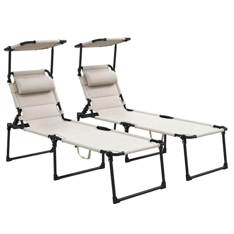 Outsunny 2 Pcs Outdoor Lounge Chair, 4 Position Adjustable Backrest, Folding, Cushioned w/ Sun Shade Roof & Pillow, Cream White