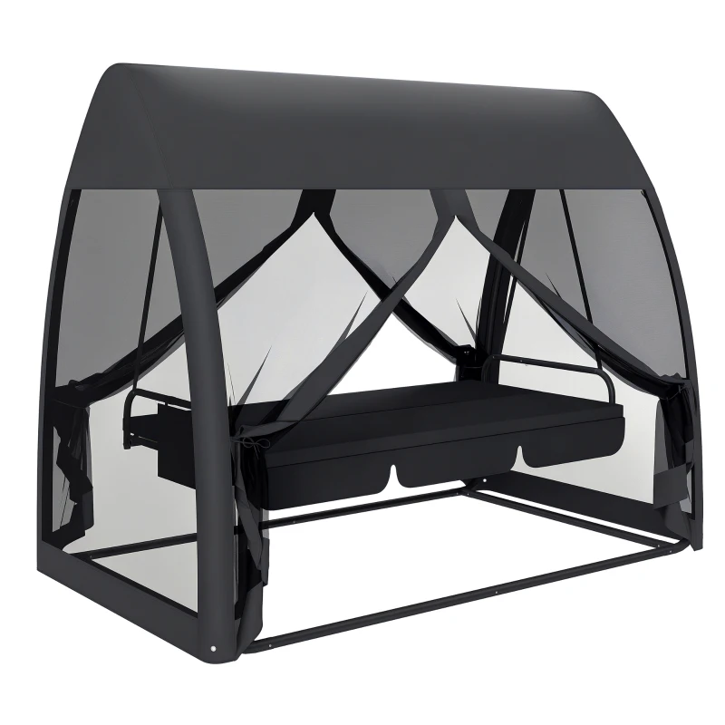Outsunny 3 Seat Outdoor Swing Chair Convertible Covered Day Bed with Canopy, Mesh Netting, Steel Stand for Garden, Patio, Gray
