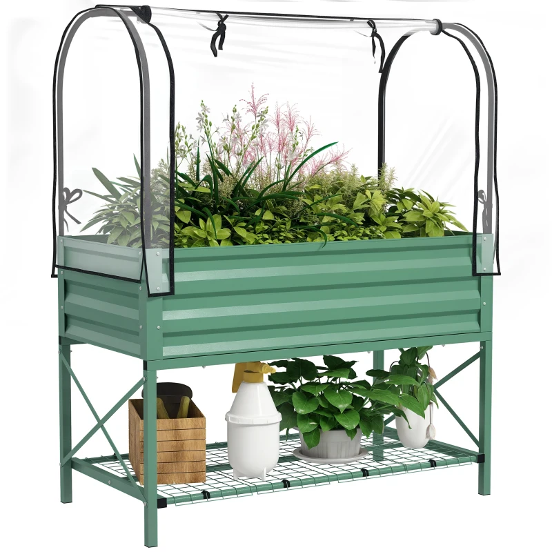 Outsunny Raised Garden Bed with Legs and Cover, Metal Elevated Planter Box with Bottom Shelf and Liner for Vegetables, Green