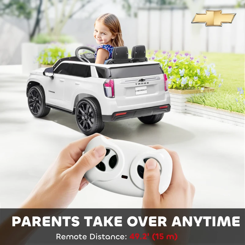 Aosom Licensed Chevrolet Tahoe Kids Ride on Car, 12V 7AH Toddler Electric Car with Parent Remote Control, 3 Speeds, Spring Suspension, LED Light, Horn, Music, White