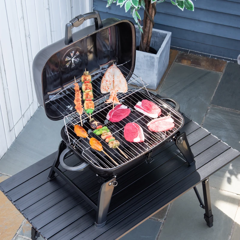 Outsunny 23" Portable Tabletop Steel Charcoal Grill Foldable Outdoor BBQ Camping Picnic Cooker Barbecue Smoker with Air Vent Black