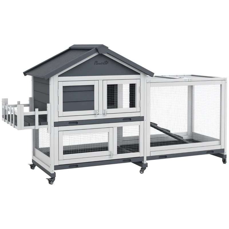 PawHut 65" Wooden Rabbit Hutch, Pet Playpen with Openable Roof & Storage Box for Rabbits and Small Animals, Gray