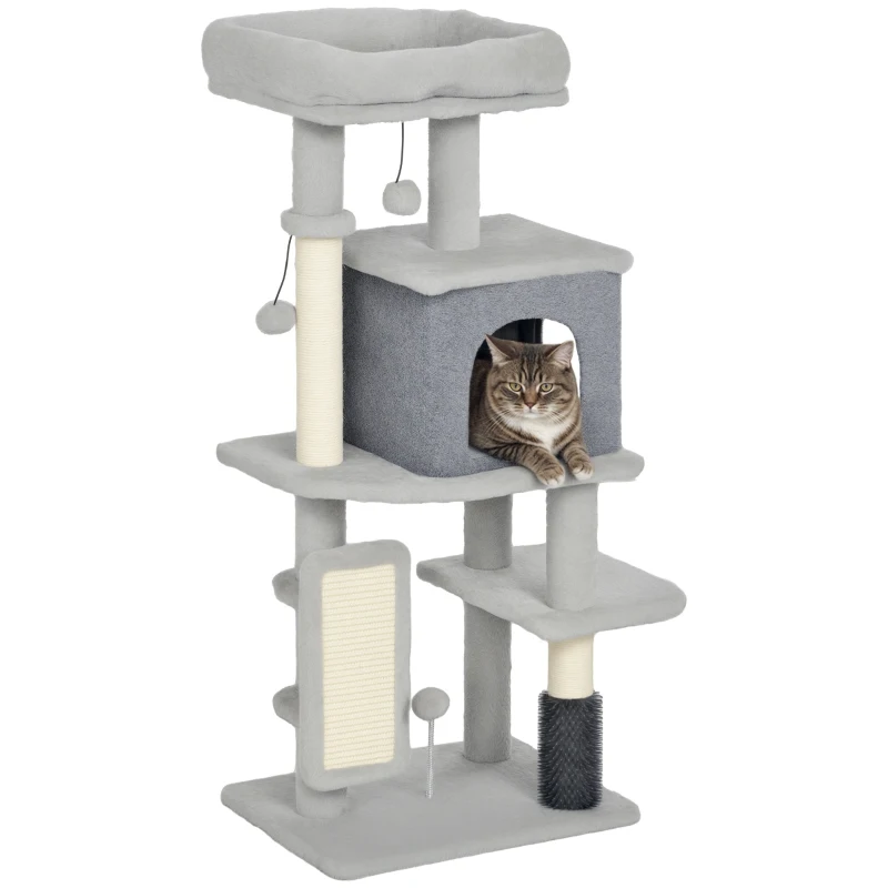 PawHut 41 Inch Cat Tree with Scratching Posts, Cat Bed, Condo, Grooming Brush, Jumping Platforms, Toy Balls, Anti-tip Kit