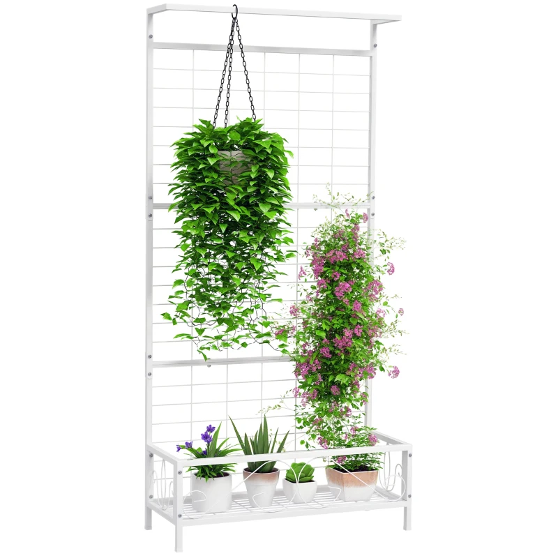 Outsunny Metal Tall Plant Stand with Trellis and Hanging Bar, Plant Holder for Indoor Outdoor Use, 35" x 12.8" x 74", White