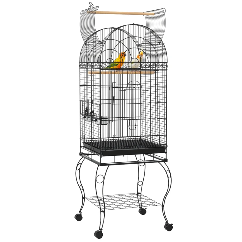PawHut Play Open Top Bird Cage 60" Parrot Cage for Cockatiel, Sun Conure with Rolling Stand, Removable Tray, Perches, Storage Shelf Black, 20.1" x 20.1"