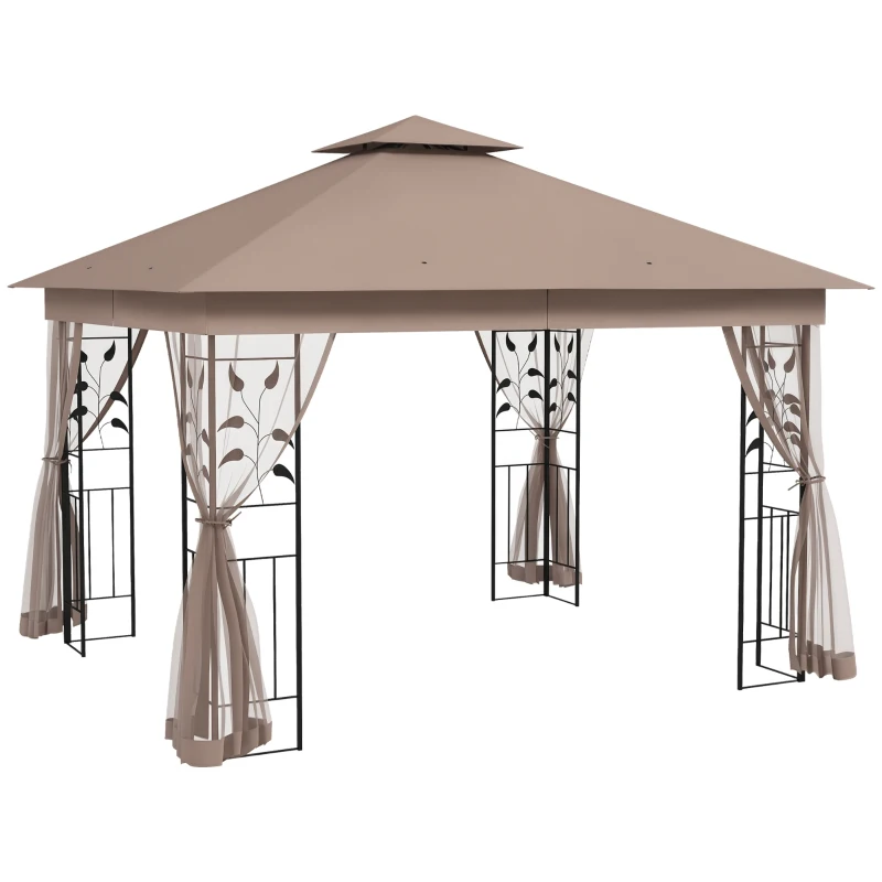 Outsunny 10' x 11.5' Metal Patio Gazebo, Double Roof Outdoor Gazebo Canopy Shelter w/Tree Motifs Corner Frame and Netting, Brown