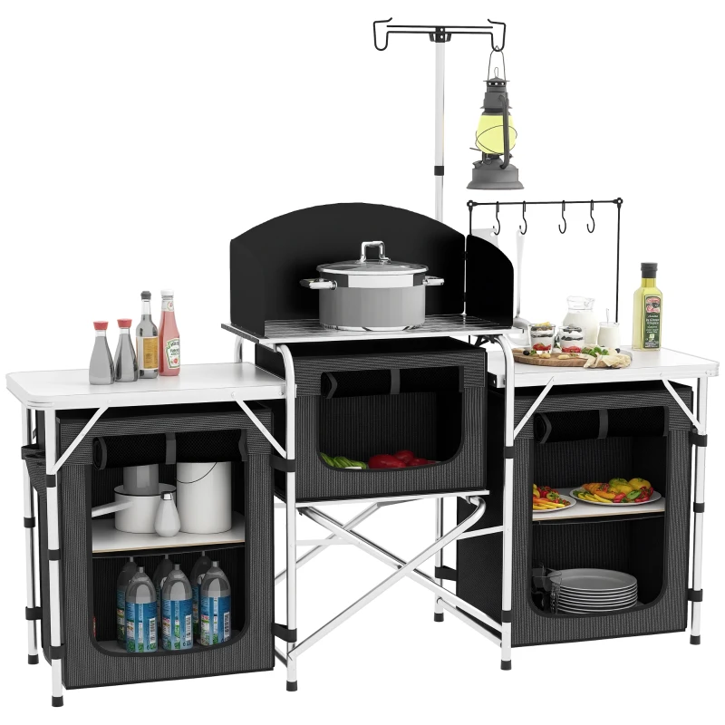 Outsunny Aluminum Camping Kitchen, Portable Folding Camping Table with Fabric Cupboards, Windshield, Bag for BBQ, Picnic, Black