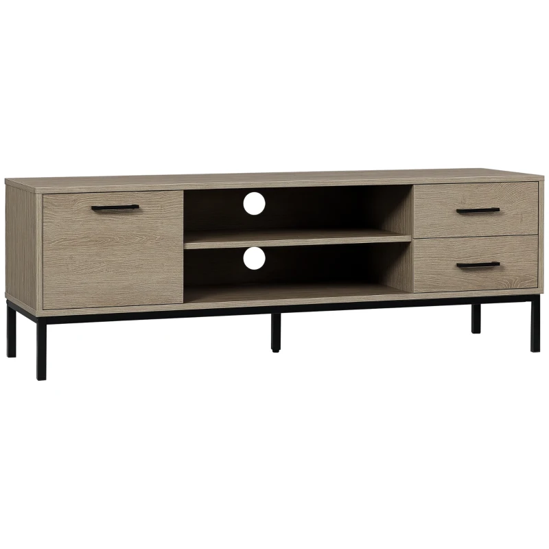 HOMCOM TV Stand for TV up to 50 Inches, Entertainment Center with Door, Open Storage and Drawers, TV Table with Steel Legs, Gray