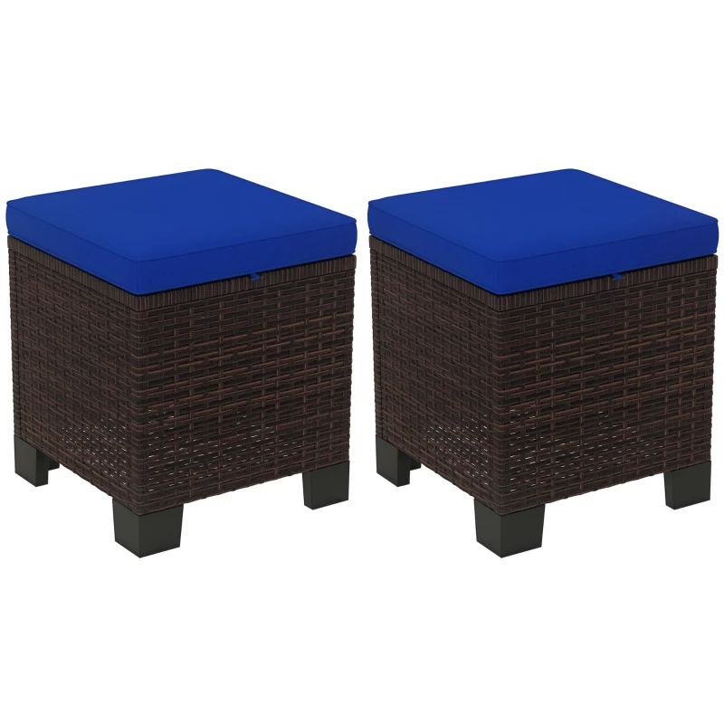 Outsunny 2 Piece Wicker Outdoor Ottomans with Cushions, Rattan Ottoman Footrest and Side Table for Patio, Yard, Poolside, Dark Blue