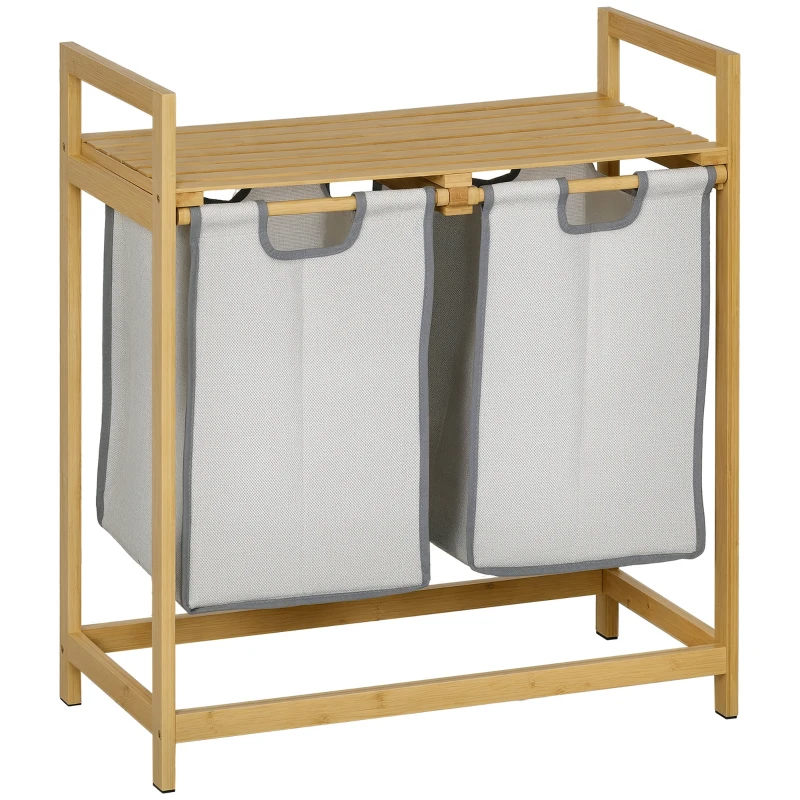 HOMCOM Bamboo Laundry Basket, Double Laundry Hamper with Shelf, 2 Pull-Out and Removable Bags, Natural Wood and Dark Gray