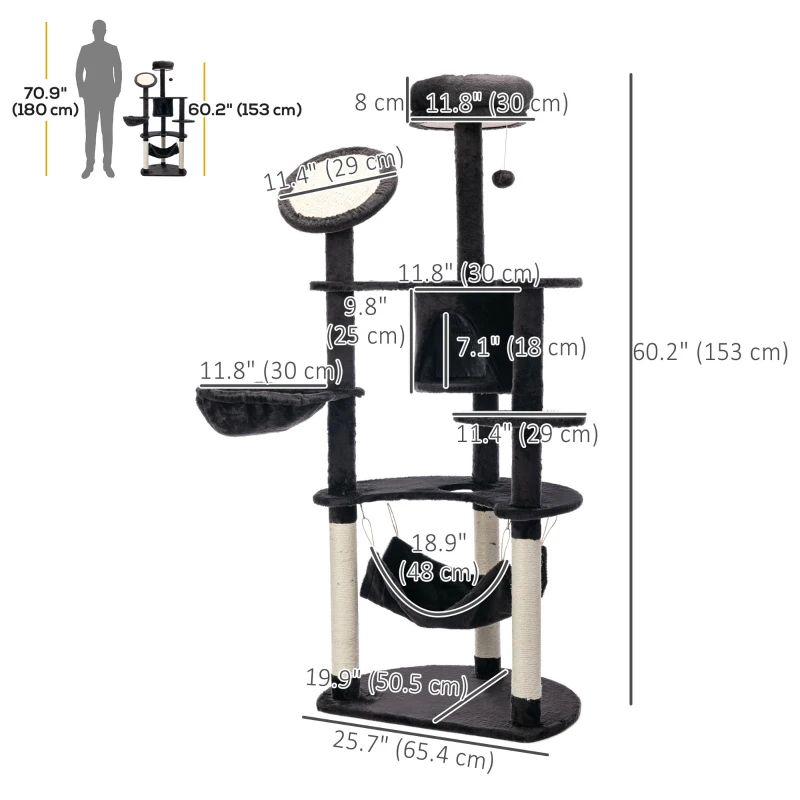 PawHut 60" Multi-Level Plush Cat Tree, Tall Cat Tower with Scratching Posts and 2 Hammocks, Dark Grey