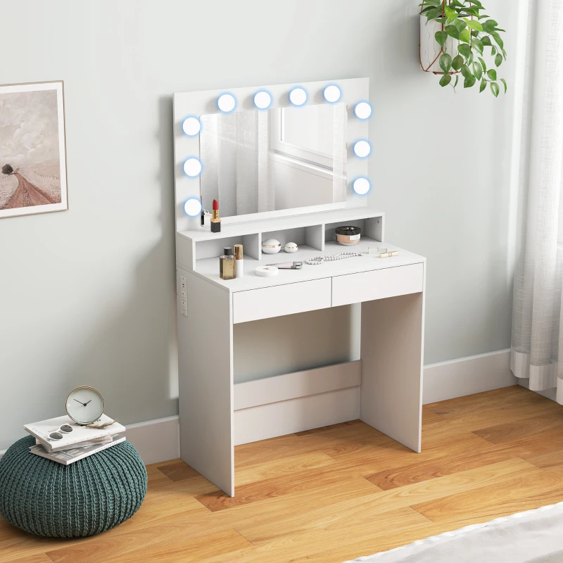 HOMCOM Vanity Table, Makeup Dressing Table with LED Lighting Mirror, Charging Station and Drawers for Bedroom, White