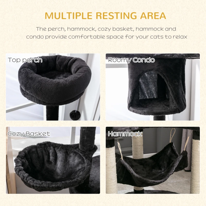 PawHut 60" Multi-Level Plush Cat Tree, Tall Cat Tower with Scratching Posts and 2 Hammocks, Dark Grey