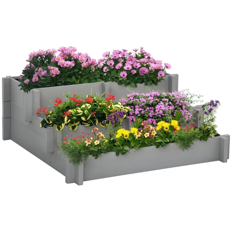 Outsunny 3 Tier Raised Garden Bed, Water Draining Fabric for Soil, Elevated Wood Flower Box for Vegetables, Herbs, Gray