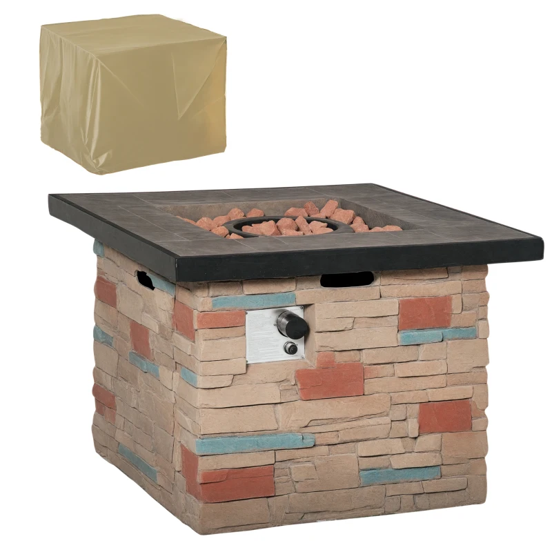 Outsunny 32 Inch Outdoor Propane Gas Fire Pit Table, 50,000 BTU Auto-Ignition Square Faux Ledge Stone Gas Firepit with Lava Rocks and Rain Cover, CSA Certification, Brown