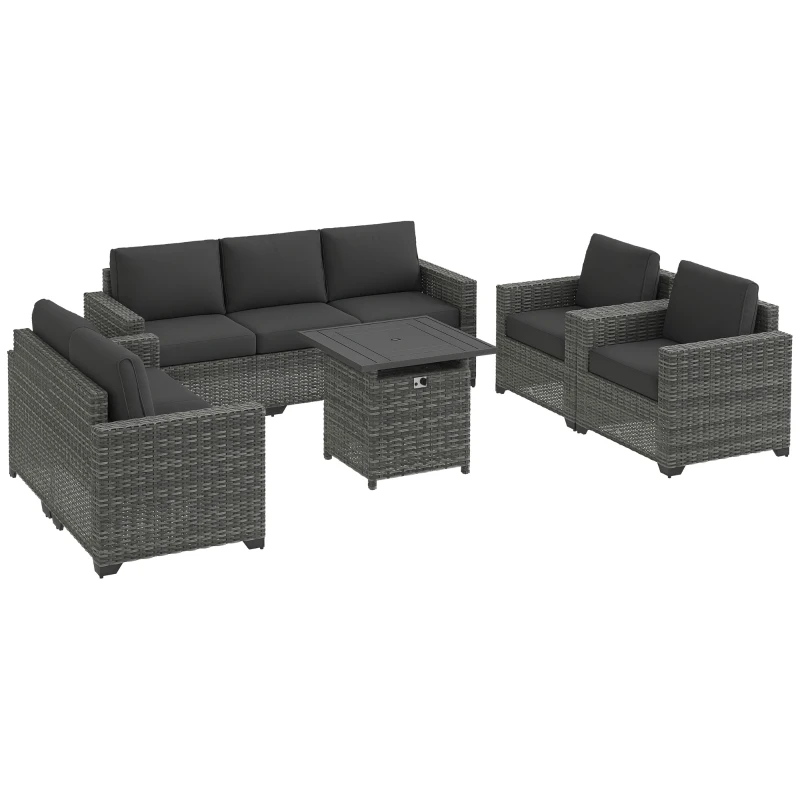 Outsunny Patio Furniture Set, Cushions, Sofa, Loveseat, Fire Pit Table, Gray