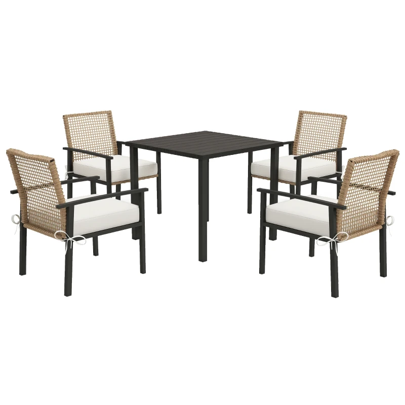 Outsunny 5 Pieces Outdoor Dining Set for 4, Wicker Rattan Patio Furniture Set, Patio Table and Chairs Set with Cushions, Square Metal Table Top, Conversation Set for Garden, Backyard, Deck, Beige