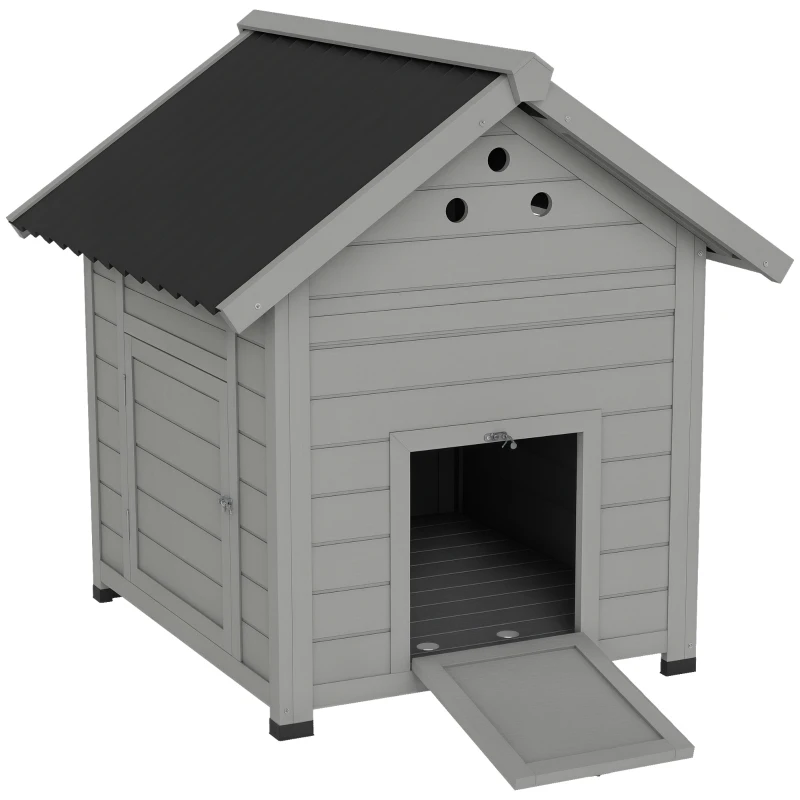 PawHut Duck Coop, Wooden Duck House with Openable Roof & Double Doors, Light Gray