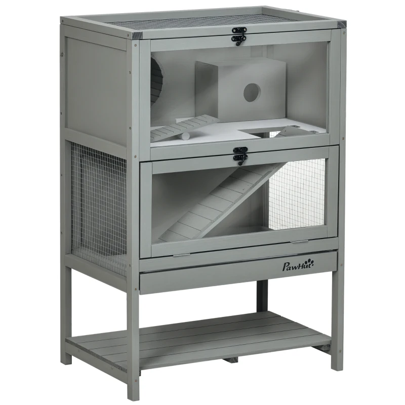 PawHut Wooden Hamster Cage, Mice Rodent Small Animals Kit Hutch with Storage, Sliding Tray Seesaw Running Wheel Lockable Roof