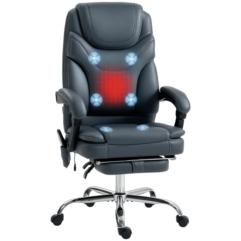 Vinsetto 6 Point Vibration Massage Office Chair, PU Leather Heated Reclining Computer Chair with Footrest, Gray