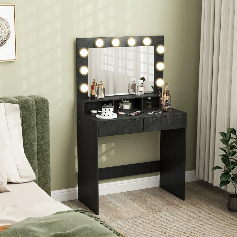 HOMCOM Vanity Table, Makeup Dressing Table with LED Lighting Mirror, Charging Station and Drawers for Bedroom, Black