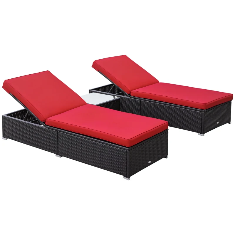 Outsunny Chaise Lounge Chair Set of 2 with 5 Angle Backrest, Outdoor Coffee Table, Water Repellent Cushions, PE Rattan Wicker Poolside Chairs, 3-Piece Pool Furniture Set, Dark Brown/Red