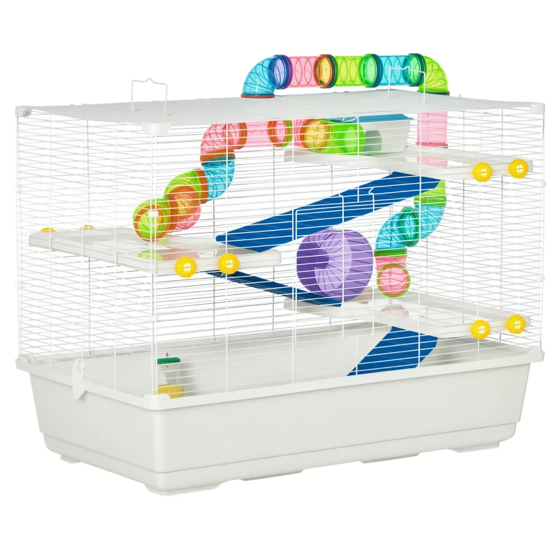PawHut 31" Large Hamster Cage, Small Animal House, Multi-storey Gerbil Haven, Tunnel Tube System, with Water Bottle, Exercise Wheel, Food Dish, Ramps, White