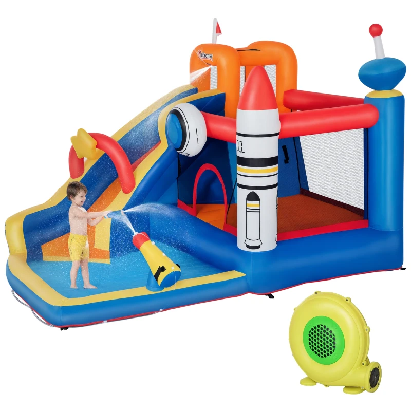 Outsunny 5-in-1 Kids Bounce House Inflatable Water Slide with Pool, Water Cannon, Climbing Wall, Inflator Included, Jumping Castle Kids Backyard Activity Outdoor Water Play Toy
