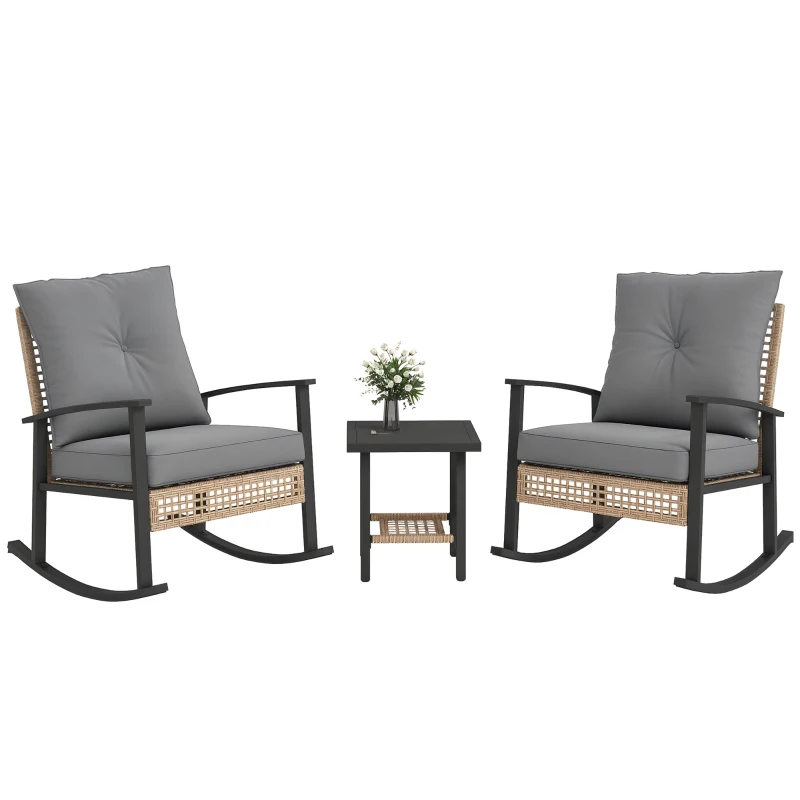 Outsunny 3 Pieces Bistro Set, Patio Wicker Furniture Set with Button Tufted Cushions, Rattan Rocking Chairs, Coffee Table, Gray