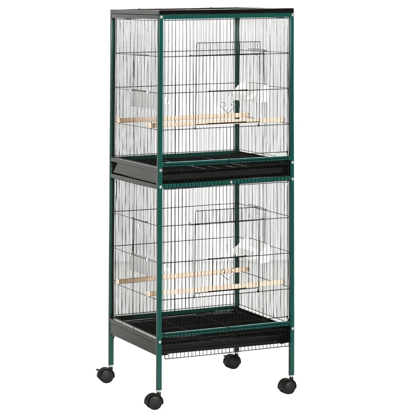 PawHut 55.1" 2 In 1 Bird Cage Aviary Parakeet House for finches, budgies with Wheels, Slide-out Trays, Wood Perch, Green