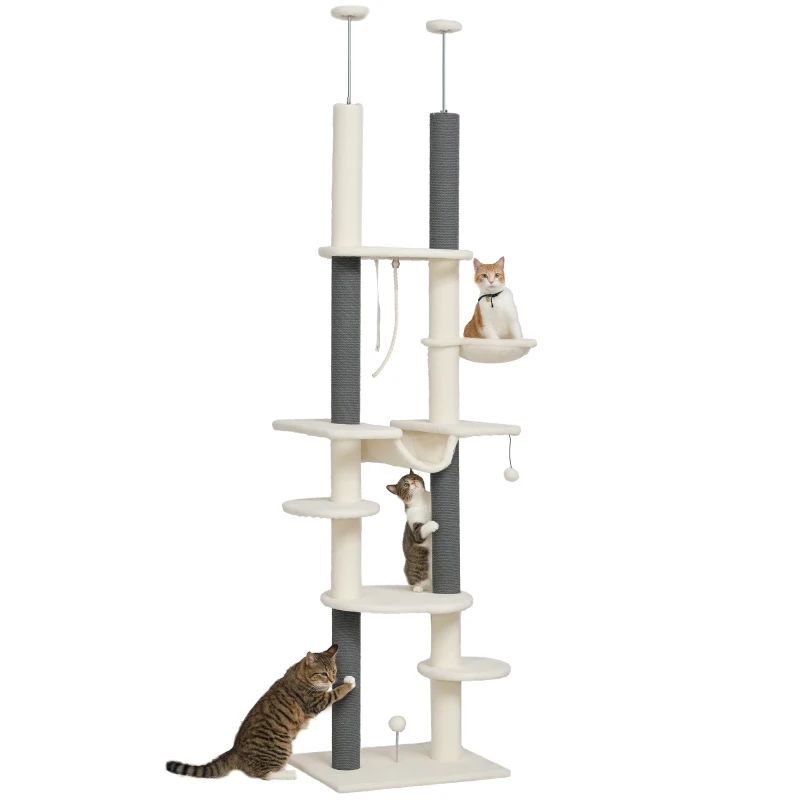 PawHut 89"- 100" Floor to Ceiling Cat Tree with Scratching Posts, Hammock, Perches & Toy Balls, White