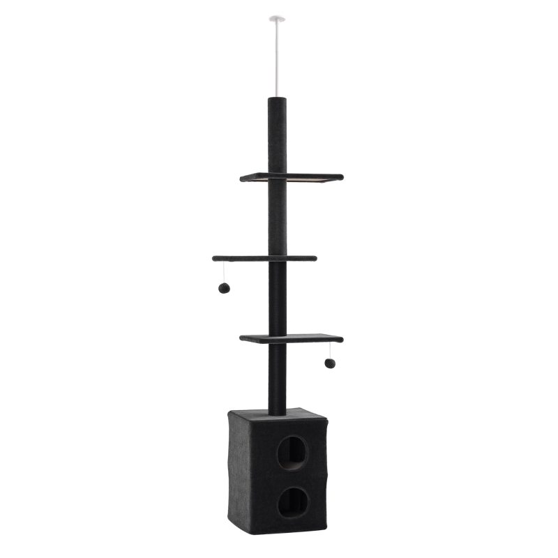 PawHut Cat Tree Floor to Ceiling Condo w/ Jute Scratching Post Dangling Ball Adjustable 86.5" H -96.5" H, Grey