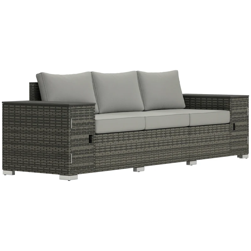 Outsunny 3 Seater Wicker Outdoor Couch Patio Sofa with Storage, Thickened Cushions and Wide Armrests for Porch Yard, Gray