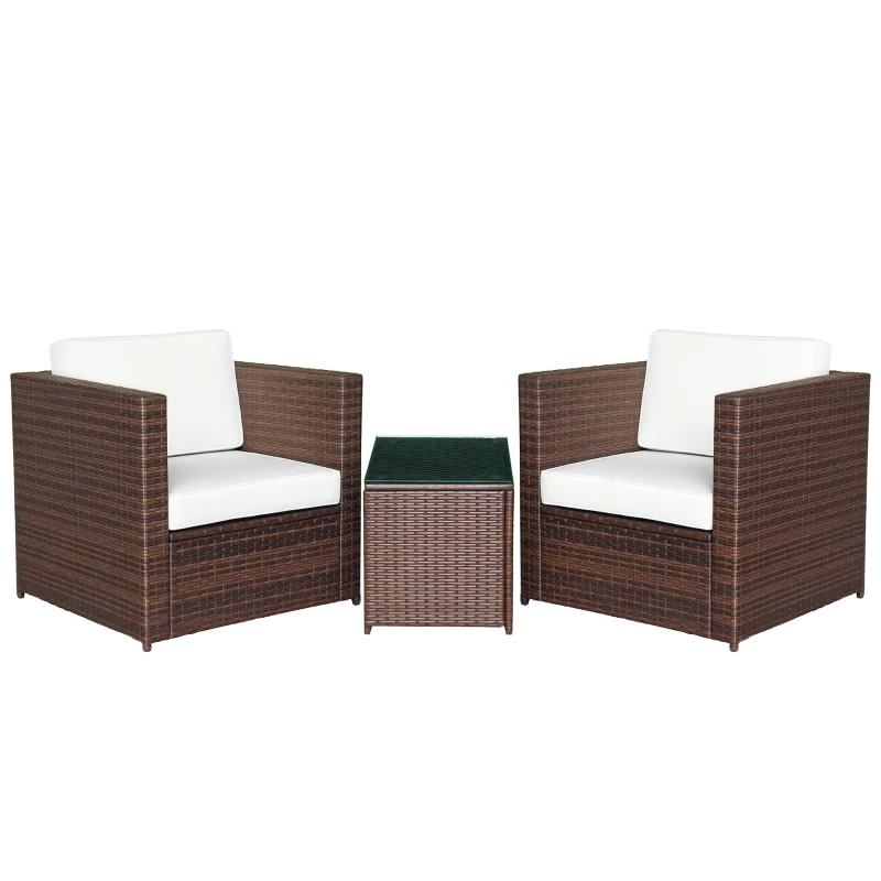 Outsunny Wicker Bistro Patio Set, 2 Porch Chairs & Glass Table, White